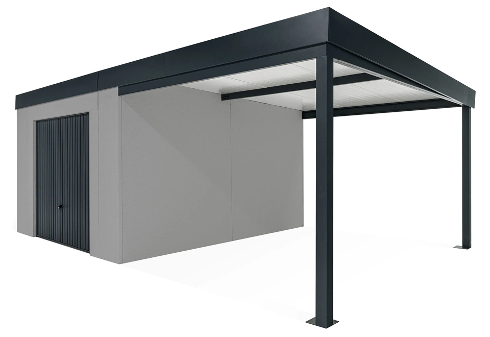 GARDEON® Záhradný domček s garážovou bránou Hörmann a pravým prístreškom