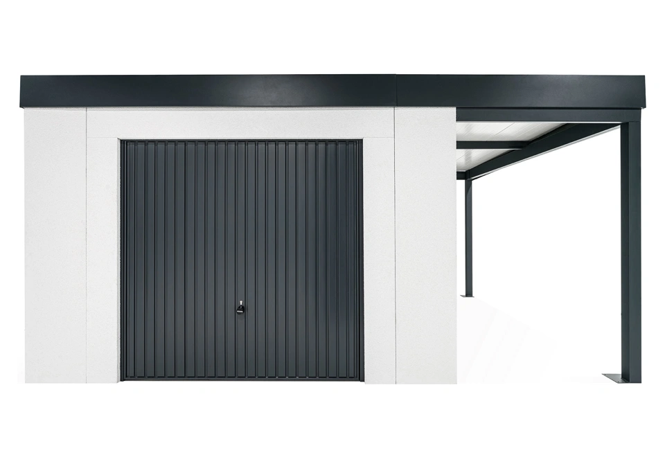 GARDEON® Záhradný domček s garážovou bránou Hörmann a pravým prístreškom