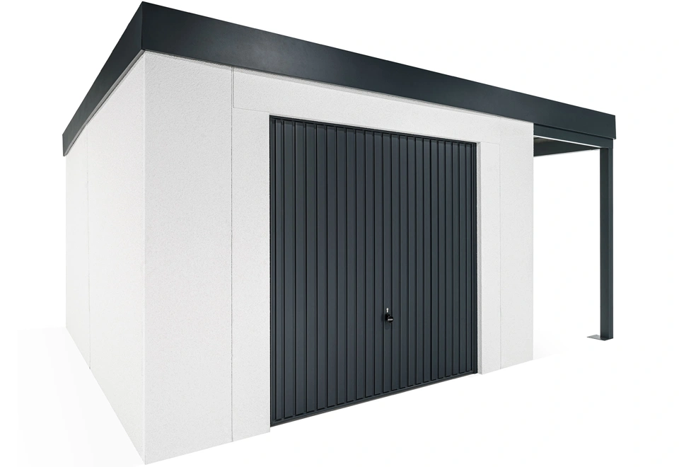 GARDEON® Záhradný domček s garážovou bránou Hörmann a pravým prístreškom