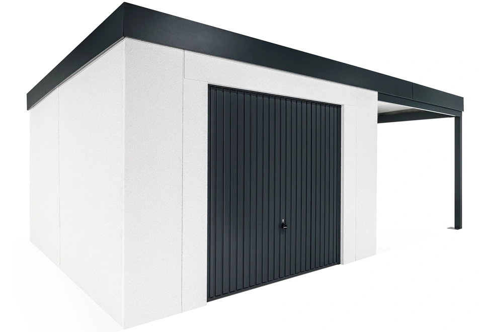 GARDEON® Záhradný domček s garážovou bránou Hörmann a pravým prístreškom