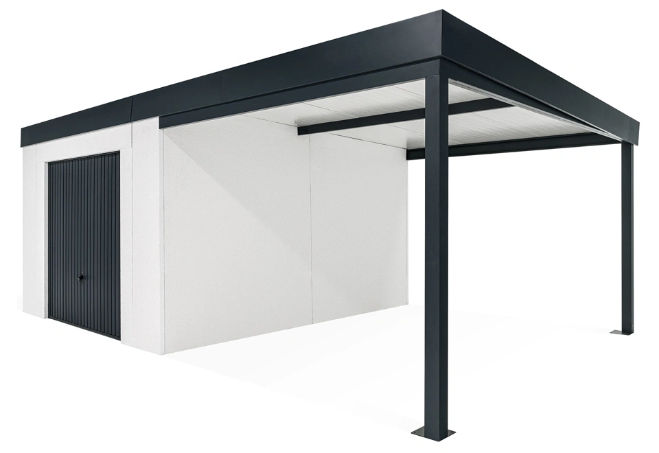 GARDEON® Záhradný domček s garážovou bránou Hörmann a pravým prístreškom